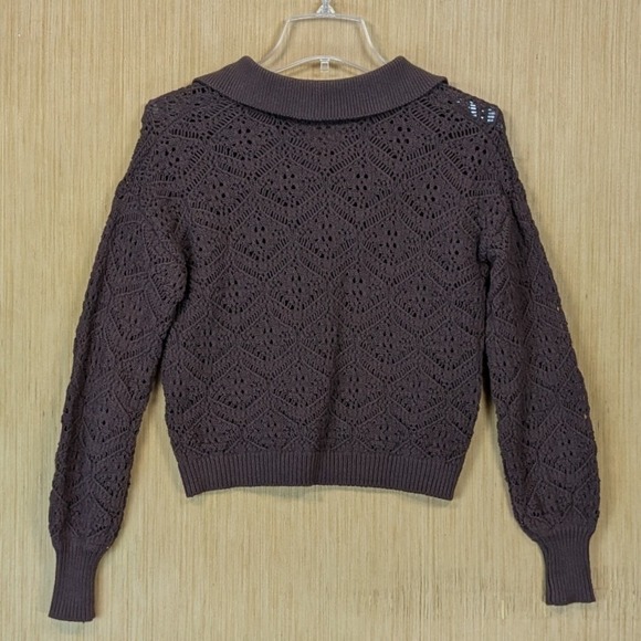 Weekend Sweater Womens Medium Open Knit Collared Brown Retro Eclectic Grandpa - Picture 3 of 6